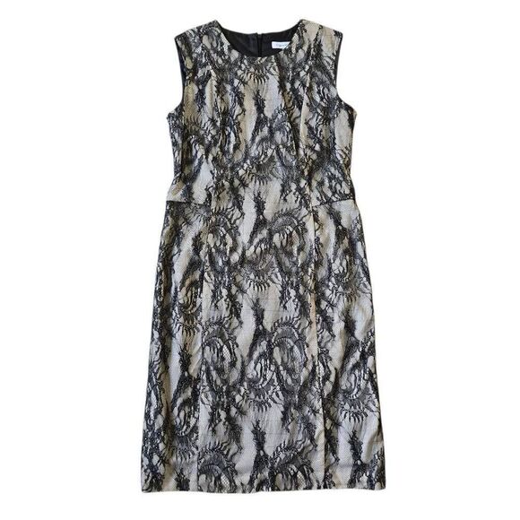 Calvin Klein Lace Overlay Sheath Dress Women's 4 Black Formal Sleeveless Stretch - Picture 1 of 6